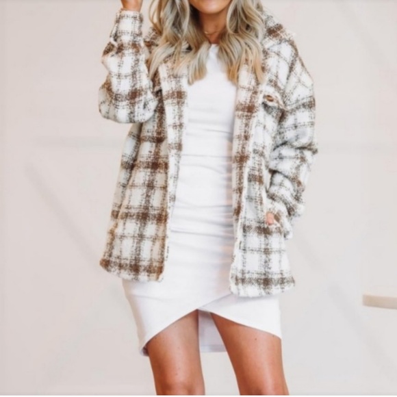 Jess Crum by Hazel & Olive This Moment Cream Brown Plaid Shacket Jacket New - Picture 1 of 9